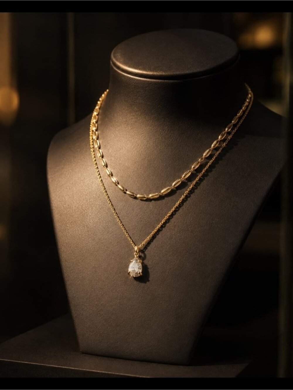 Stainless Steel Gold Tone  Layered Teardrop Pendant Necklace